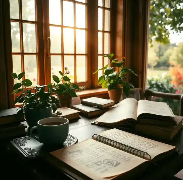 Uma cena ultra-realista de uma antiga biblioteca, repleta de imponentes estantes de madeira abarrotadas de livros encadernados em couro. Luz dourada suave filtra-se através de grandes janelas em arco, iluminando as partículas de poeira que dançam no ar. Um tapete ornamentado e macio se estende pelo chão, levando a uma grande mesa de madeira no centro, coberta com um livro aberto, um tinteiro e uma pena. Ricas heras verdes sobem pelas paredes de pedra, enquanto tapeçarias desbotadas com figuras literárias pendem de maneira proeminente. A atmosfera é serena e contemplativa, evocando a sensação de sabedoria intemporal e histórias infinitas, refletindo as frases mais impactantes de livros que você não pode deixar de conhecer.