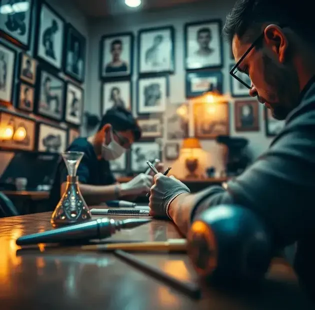 Um close-up de uma tatuagem lindamente detalhada no antebraço de uma pessoa, exibindo padrões intrincados e símbolos que representam crescimento pessoal e força. O tom de pele é quente e realista, com textura e sombras que realçam a profundidade da tatuagem. A cena é iluminada pela suave luz do entardecer, criando destaques e sombras que acentuam os detalhes. O fundo apresenta um ambiente urbano levemente desfocado, sugerindo uma atmosfera movimentada, sem elementos específicos que distraiam da arte da tatuagem. Capturado com uma Canon EOS R5 e uma lente macro de 100mm em f/2.8 para garantir um foco nítido na tatuagem enquanto cria um efeito bokeh suave ao fundo. Essa imagem evoca a essência de '101 Frases para Tatuagens que Revelam sua Verdadeira Essência'.