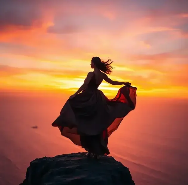 Uma poderosa figura feminina se destaca confiantemente em um penhasco rochoso, com vista para um vasto oceano ao pôr do sol. Ela veste um vestido fluido e vibrante que se agita ao vento, refletindo os tons quentes do céu. A cena captura detalhes intrincados de seu cabelo, iluminado pela luz dourada do sol, e as texturas da parede do penhasco enfeitadas com flores silvestres. As ondas quebram abaixo, enviando sprays de água ao ar, capturando a última luz do dia. A atmosfera é preenchida com um sentimento de determinação e tranquilidade, alcançada através de uma tomada grande angular (f/4, 24mm) em uma Canon EOS R5, enfatizando cores vibrantes e profundidade de campo. Este momento reflete o empoderamento que transforma vidas.