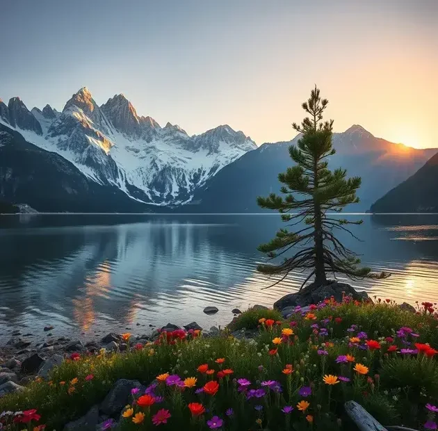 Uma paisagem serena retratando uma pessoa em pé triunfante no topo de uma montanha durante o nascer do sol, com raios dourados de luz penetrando pelas nuvens. O primeiro plano é adornado com flores silvestres vibrantes em tons de roxo, amarelo e vermelho, contrastando com o terreno rochoso. A figura é silhuetada contra o céu iluminado, sugerindo empoderamento e força. Esta imagem, capturada com uma Canon 5D Mark IV usando uma lente 24-70mm em f/4, proporciona profundidade e detalhe. A iluminação é quente e suave, realçando a atmosfera tranquila, mas poderosa do momento. Esta cena inspira a mensagem de 'Empodere-se com Frases de Força: Transforme sua Mentalidade e Enfrente Desafios'.