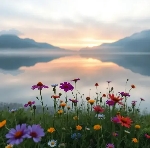 Uma paisagem serena de montanha ao amanhecer, exibindo um lago tranquilo refletindo os tons coloridos do nascer do sol. O primeiro plano é preenchido por grama verde exuberante salpicada de orvalho, levando a uma visão enevoada de imponentes montanhas cobertas de neve ao fundo. Uma única e majestosa árvore de pinho se ergue forte à beira da água, enquanto nuvens suaves flutuam preguiçosamente pelo céu. Capturada com uma Canon EOS-1D X Mark III, utilizando uma lente grande angular (24mm) e uma profundidade de campo rasa (f/4) para enfatizar as cores vibrantes da cena natural. A luz dourada e quente projeta sombras suaves no terreno, realçando a atmosfera pacífica e inspiradora. Essa cena nos convida a refletir e nos inspira, como as melhores frases fortes e curtas para a sua vida.