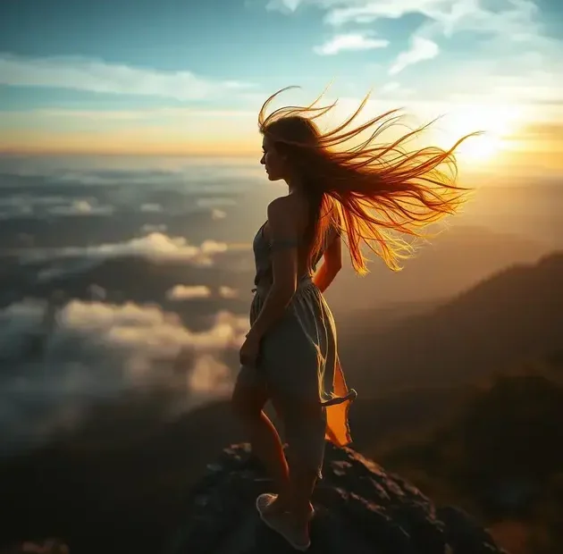 Uma mulher poderosa está em pé, confiante, no topo de um penhasco rugoso, olhando para um pôr do sol deslumbrante sobre o oceano. A cena captura sua silhueta contra os vibrantes tons de laranja, rosa e roxo no céu. O vento bagunça suavemente seu longo cabelo esvoaçante, adicionando dinamismo ao momento. Ela veste um vestido longo e esvoaçante que dança com a brisa, enquanto os penhascos acidentados e as ondas crashing criam um primeiro plano dramático. Uma luz dourada suave banha a cena, iluminando o tecido ondulante de seu vestido e destacando as texturas intrincadas da face do penhasco. O ângulo da câmera é baixo, criando uma sensação de grandiosidade, e a imagem é altamente detalhada, mostrando a beleza natural e a força da mulher, refletindo o empoderamento e a autoestima em foco.