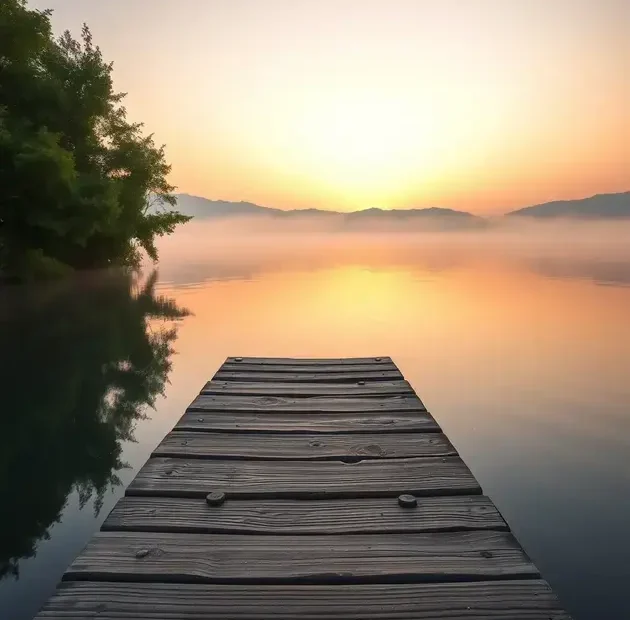 Uma paisagem serena com um lago tranquilo cercado por montanhas imponentes sob um céu dramático ao pôr do sol. A água está perfeitamente calma, refletindo as cores vibrantes do céu, com tonalidades de laranja, rosa e roxo se fundindo de maneira esplêndida. No primeiro plano, uma costa rochosa é salpicada de seixos suaves, enquanto um solitário pinheiro se ergue como um guardião à beira do lago. A cena é capturada com uma Canon EOS 5D Mark IV usando uma lente de 24-70mm f/2.8, garantindo alto detalhe e clareza. A luz da 'hora dourada' lança um brilho quente sobre toda a paisagem, destacando as texturas das rochas e as suaves ondulações na superfície do lago, criando uma atmosfera de paz e introspecção. Reflexões poderosas permeiam este momento, onde cada cor e cada sombra retratam frases fortes sobre a vida que podem transformar.
