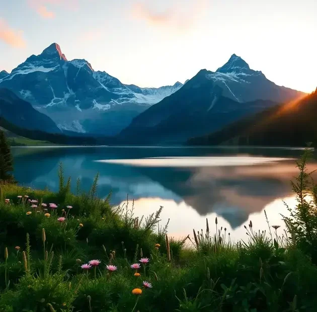 Uma paisagem montanhosa serena ao amanhecer, com um lago tranquilo refletindo as cores vibrantes do céu enquanto o sol começa a nascer. No primeiro plano, uma floresta envolta em névoa com altos pinheiros e um caminho rochoso descendo até a margem da água. A cena captura detalhes intrincados, como o orvalho nas folhas da grama, suaves ondulações na água, e montanhas distantes emolduradas por nuvens fofas. A imagem, capturada com uma Nikon D850 usando uma lente 24-70mm em f/8, assegura clareza e nitidez em cada detalhe, enquanto uma luz dourada suave banha toda a cena, criando uma sensação de paz e inspiração, refletindo a ideia de transformação e impacto.