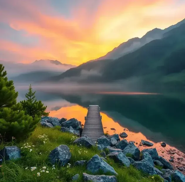 Um sereno amanhecer sobre um lago tranquilo, refletindo as cores vibrantes de laranja e rosa no céu. No primeiro plano, um píer de madeira meticulosamente projetado se estende sobre as águas calmas, adornado com seixos espalhados e musgo suave. Os detalhes intrincados da textura envelhecida do píer são realçados pela suave luz dourada filtrando através das árvores de pinho circundantes. Um pequeno canoa vintage repousa suavemente à beira do píer, com sua superfície de madeira brilhando na luz da manhã. A cena é capturada com uma Canon EOS R5, usando uma lente de 50mm em f/1.8, garantindo uma profundidade de campo rasa que suaviza o fundo enquanto enfatiza a clareza dos elementos em primeiro plano. A atmosfera geral irradia tranquilidade e convida à reflexão, ecoando a ideia de 'Pense Diferente'.
