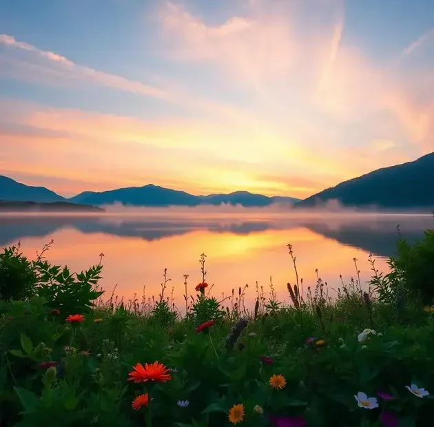 Uma manhã serena à beira do lago, cercada por majestosas montanhas, com uma névoa suave subindo da superfície da água. A cena captura as cores vibrantes do amanhecer, enfatizando um gradiente suave de laranjas e rosas no céu, refletido no lago tranquilo. No primeiro plano, um píer de madeira envelhecida se estende sobre a água, com um único barco de pesca amarrado, balançando suavemente. As árvores ao redor ostentam uma folhagem verde exuberante, enquanto flores silvestres florescem vibrantes ao longo da costa. Esta cena altamente detalhada, fotografada com uma Canon EOS R5, usando uma lente grande angular (24mm, f/11), captura a paisagem expansiva e os detalhes intrincados do ambiente tranquilo, iluminado pela suave luz dourada da manhã precoce. A tranquilidade deste cenário inspira força espiritual e reflete a ideia de como Deus nos fez fortes.