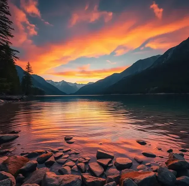 Uma cena ultra-realista que retrata uma paisagem montanhosa serena ao amanhecer. A composição apresenta um lago claro e refletivo aninhado entre picos majestosos, com árvores coloridas de outono margeando a costa. A luz suave e quente ilumina a cena, criando um brilho mágico na superfície da água. No primeiro plano, um caminho de pedras lisas leva até um banco rústico de madeira, convidando à contemplação. As nuvens acima capturam nuances de rosa e laranja, complementando as cores vibrantes da folhagem. Capturada com uma Canon EOS R5 e uma lente RF 24-70mm f/2.8, a imagem revela detalhes intrincados, como as ondulações na água e a textura das pedras cobertas de musgo, tudo intensificado por cores vibrantes e iluminação dramática. Esta cena convida à reflexão, evocando o espírito de 'As Melhores Frases Fortes de Motivação para Superar Desafios'.