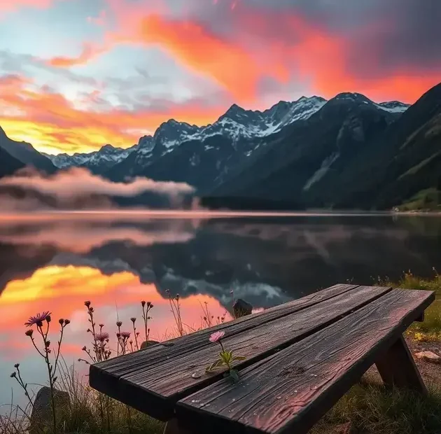 Uma cena ultra-realista de um sereno amanhecer sobre um lago tranquilo, com névoa subindo suavemente da superfície da água. No primeiro plano, delicadas flores silvestres em cores vibrantes, com gotículas de orvalho brilhando em suas pétalas. Ao fundo, majestosas montanhas refletem os tons quentes do céu, com nuvens suaves flutuando preguiçosamente. Capturada com uma Nikon D850 usando uma lente 24-70mm f/2.8, a imagem revela detalhes intrincados, realçando a atmosfera serena criada pela harmonia entre luz e natureza. Esta cena inspira reflexões profundas, semelhante às '10 Frases Fortes de Reflexão e Motivação' que podem transformar sua vida.